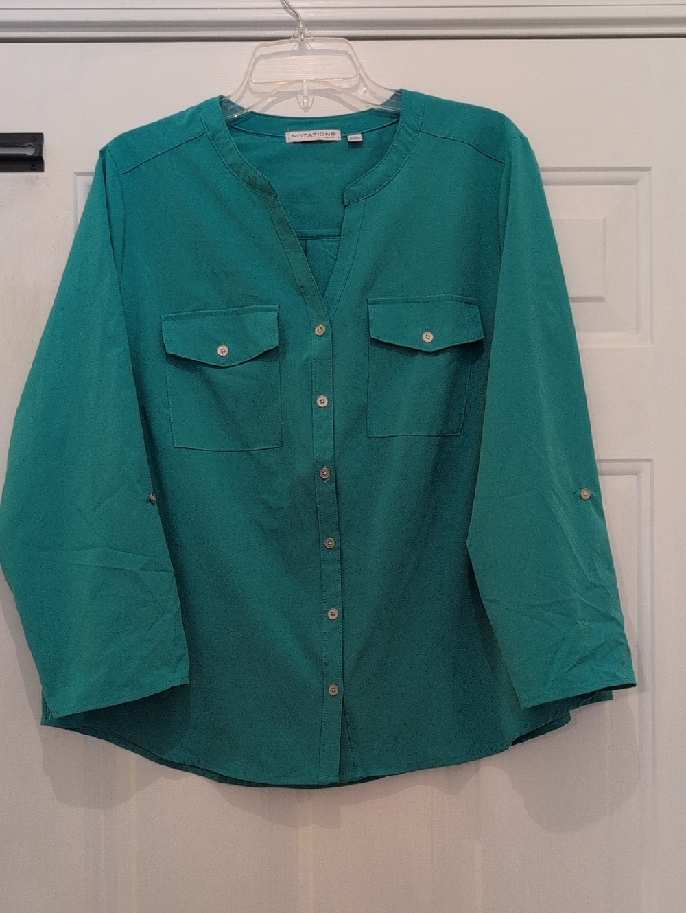 Notations Woman Teal Green Button Down Pocketed Blouse W/Rollable Sleeves, 1X